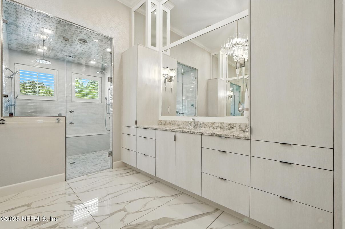 Bathroom, Chandelier, Dual Sink Vanities, Glass Shower, Interior, Marble, Recessed Lighting