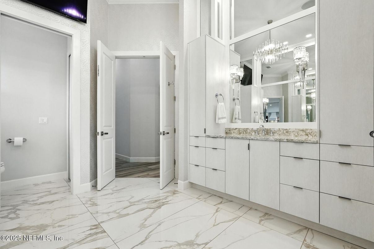 Bathroom, Chandelier, Interior, Marble, Recessed Lighting