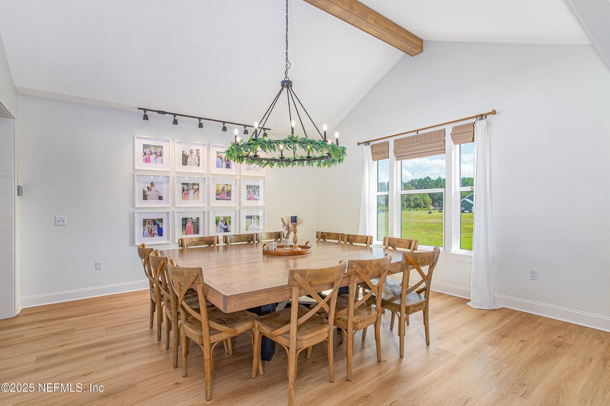 Chandelier, Dining room, Interior, Pendant Lights, Wooden Beams, Wood Texture Flooring