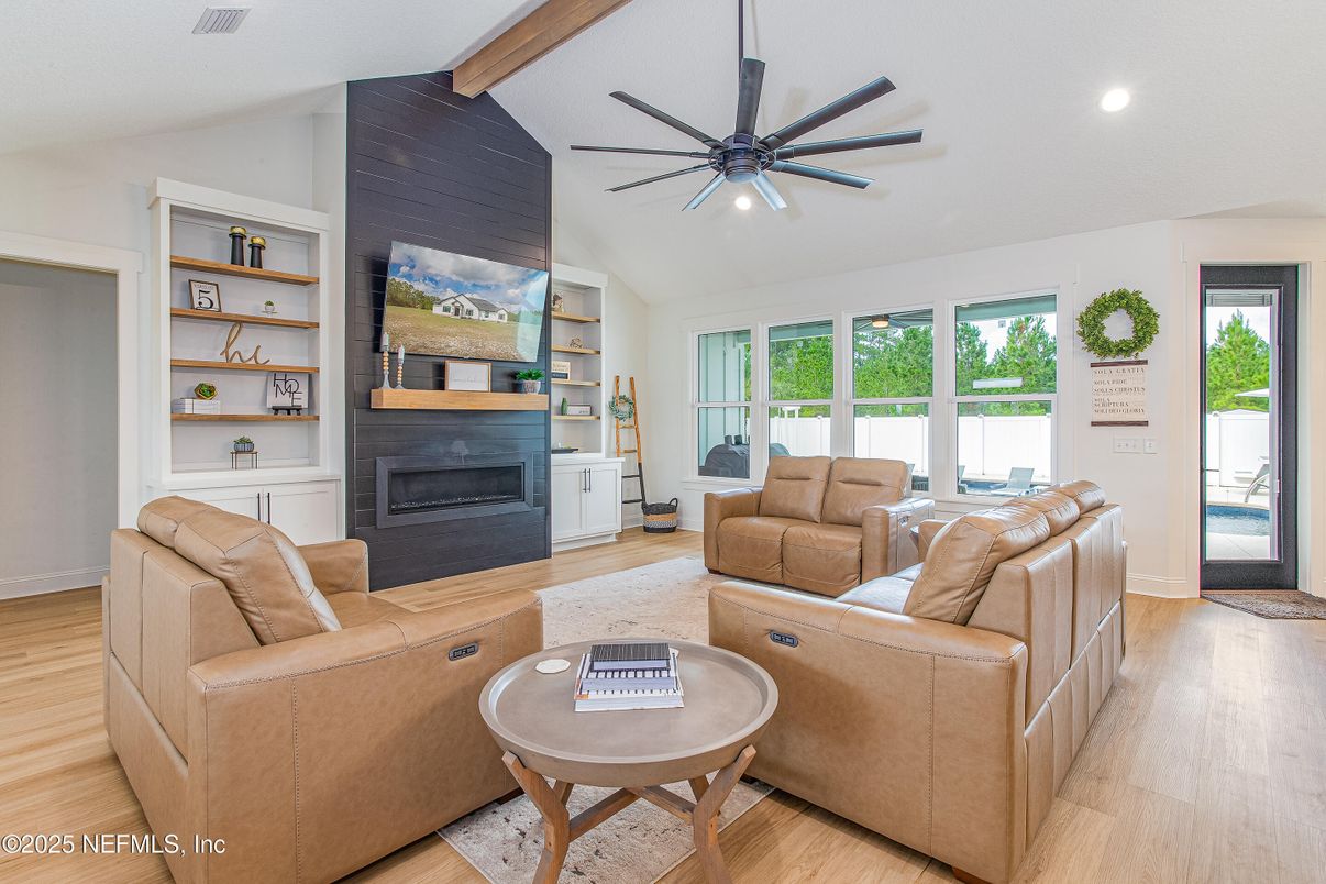 Fireplace, Interior, Living room, Recessed Lighting, Wooden Beams, Wood Texture Flooring