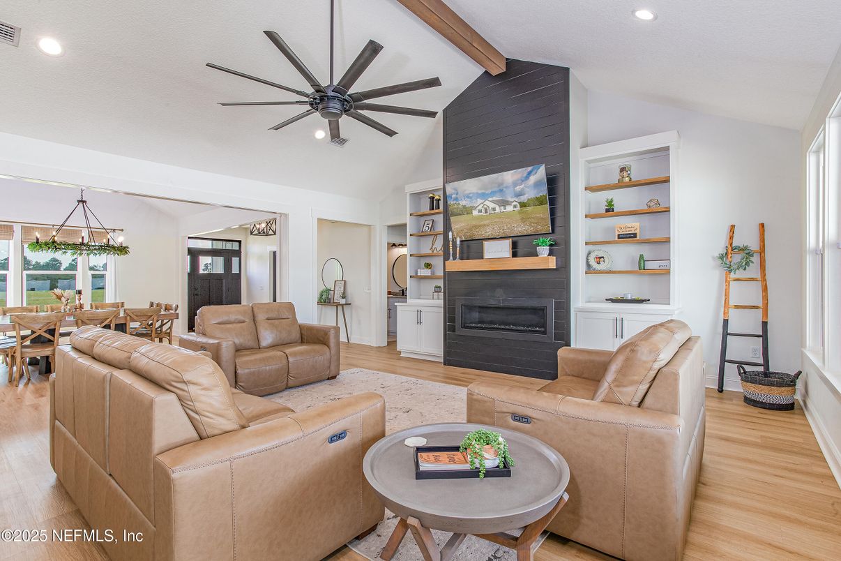 Dining room, Fireplace, Interior, Living room, Pendant Lights, Recessed Lighting, Wooden Beams, Wood Texture Flooring