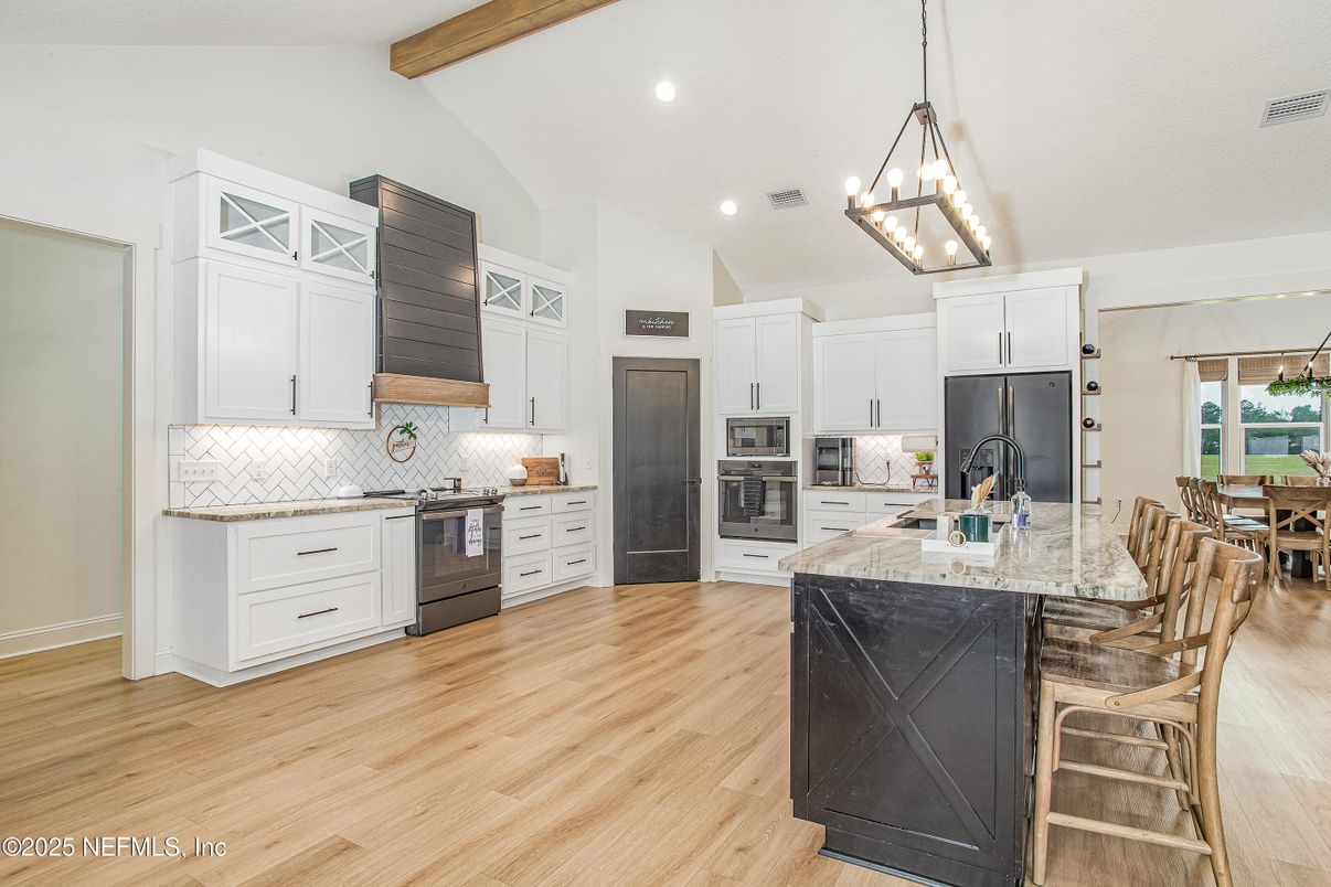 Interior, Kitchen, Pendant Lights, Recessed Lighting, Stainless Steel Appliances, Wooden Beams, Wood Texture Flooring
