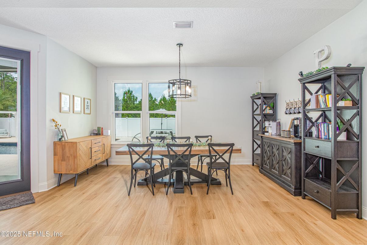 Dining room, Interior, Pendant Lights, Wood Texture Flooring