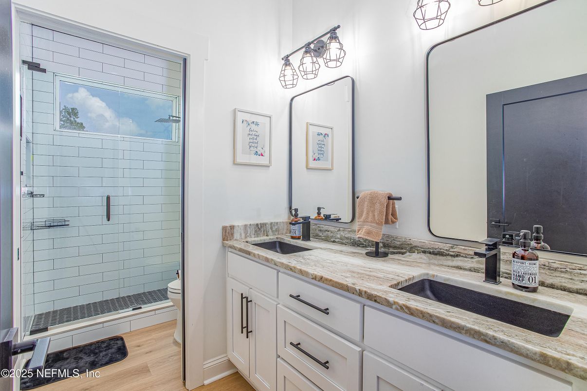 Bathroom, Dual Sink Vanities, Interior, Wood Texture Flooring