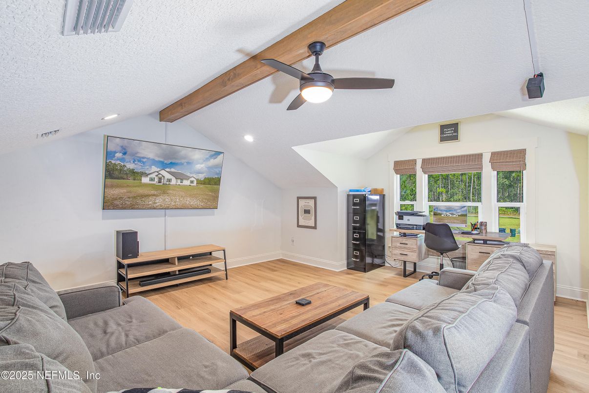 Home Office, Interior, Living room, Recessed Lighting, Wooden Beams, Wood Texture Flooring