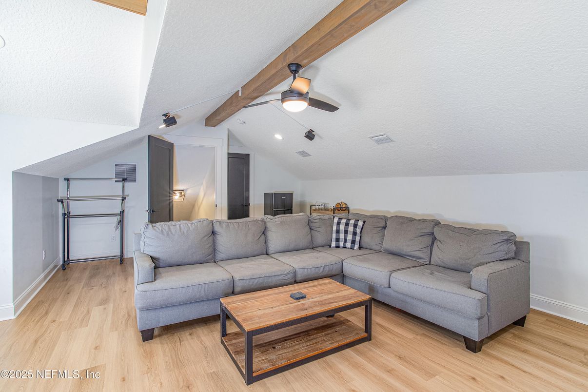 Interior, Living room, Recessed Lighting, Wooden Beams, Wood Texture Flooring
