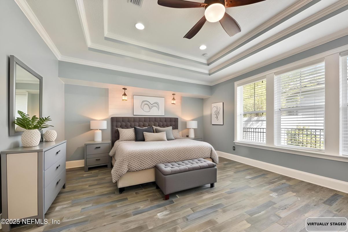 Bedroom, Interior, Recessed Lighting, Wood Texture Flooring