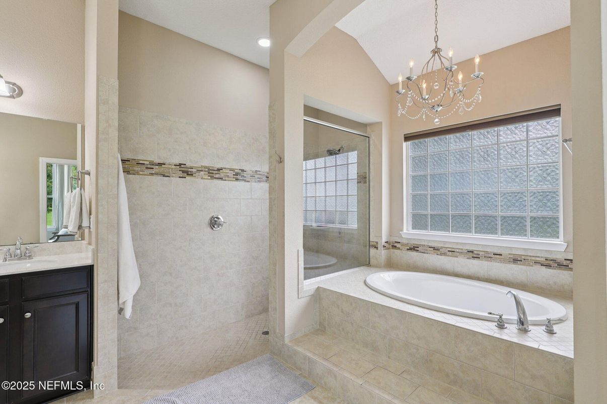 Bathroom, Chandelier, Glass Shower, Interior, Recessed Lighting