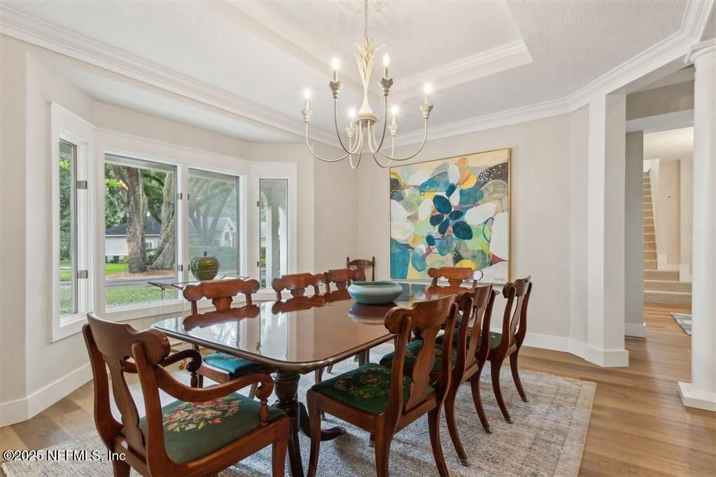 Chandelier, Dining room, Interior, Wood Texture Flooring