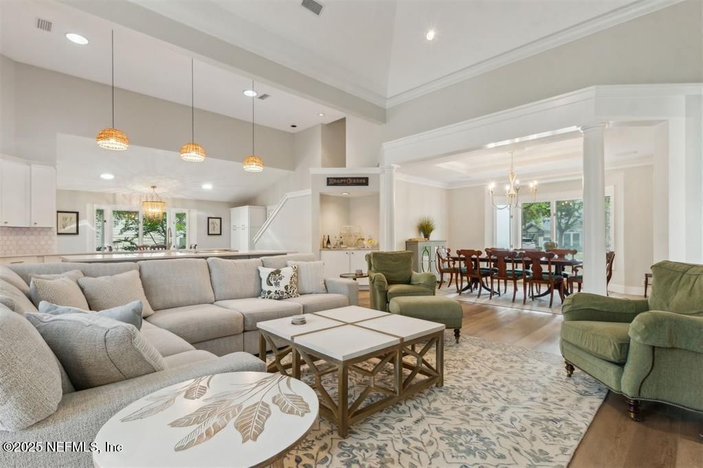 Chandelier, Dining room, Interior, Living room, Pendant Lights, Recessed Lighting, Wood Texture Flooring