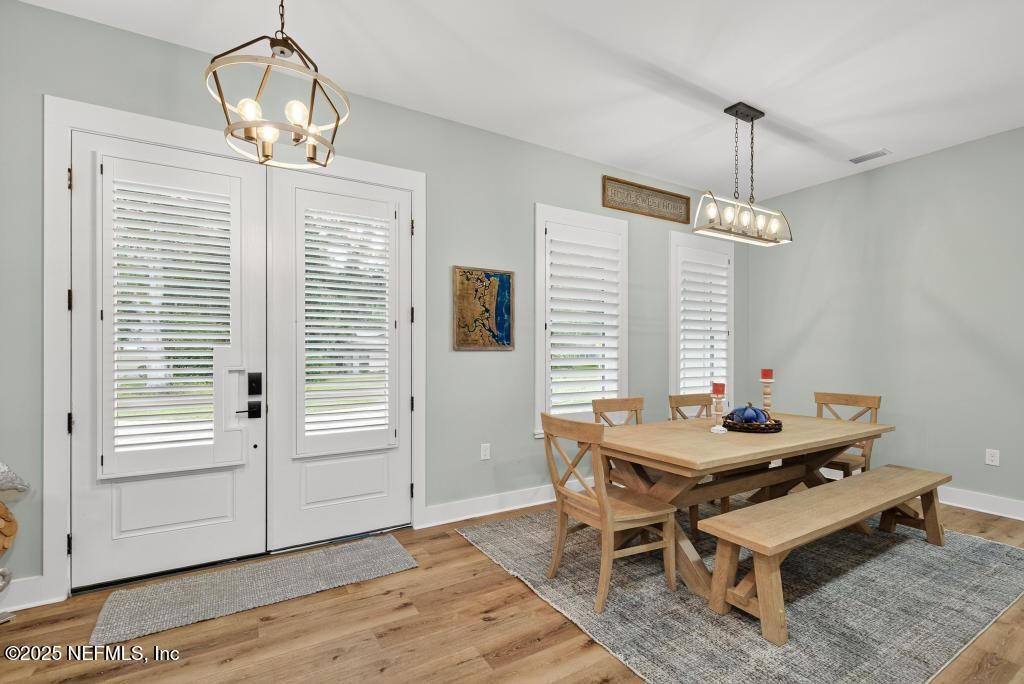 Chandelier, Dining room, Interior, Pendant Lights, Wood Texture Flooring