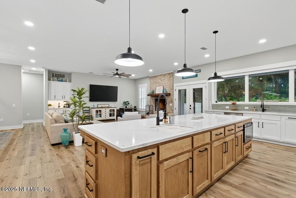 Interior, Kitchen, Living room, Pendant Lights, Recessed Lighting, Stone Walls, Wood Texture Flooring