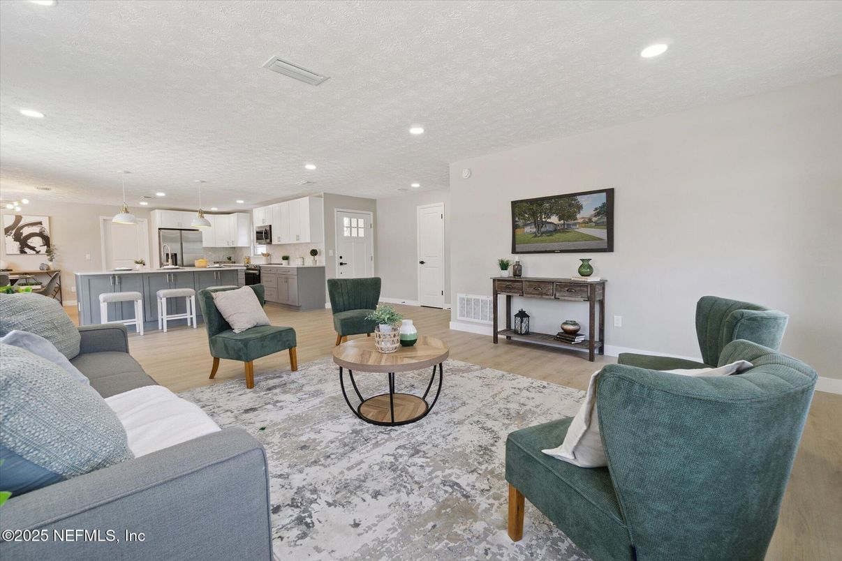 Interior, Kitchen, Living room, Pendant Lights, Recessed Lighting, Wood Texture Flooring