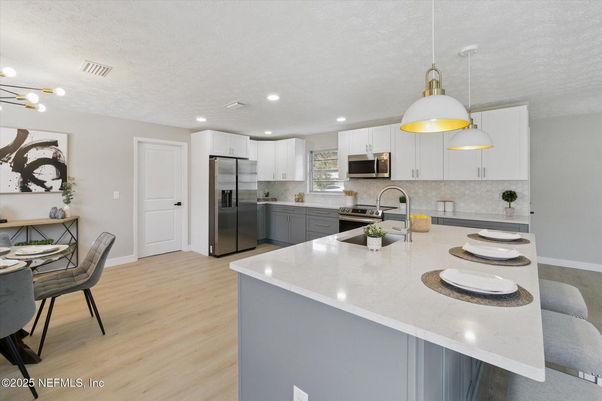 Interior, Kitchen, Pendant Lights, Recessed Lighting, Stainless Steel Appliances, Wood Texture Flooring
