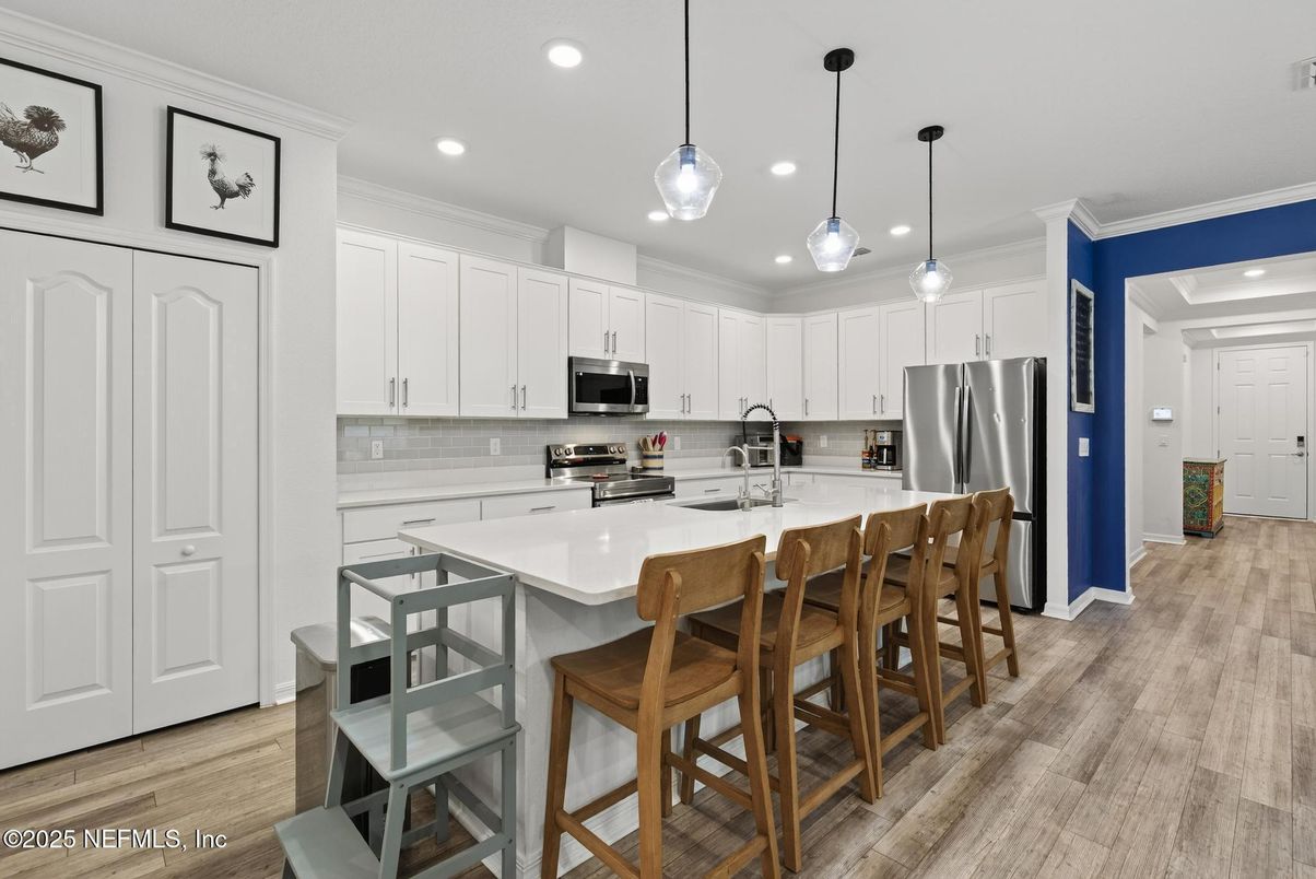 Interior, Kitchen, Pendant Lights, Recessed Lighting, Stainless Steel Appliances, Wood Texture Flooring