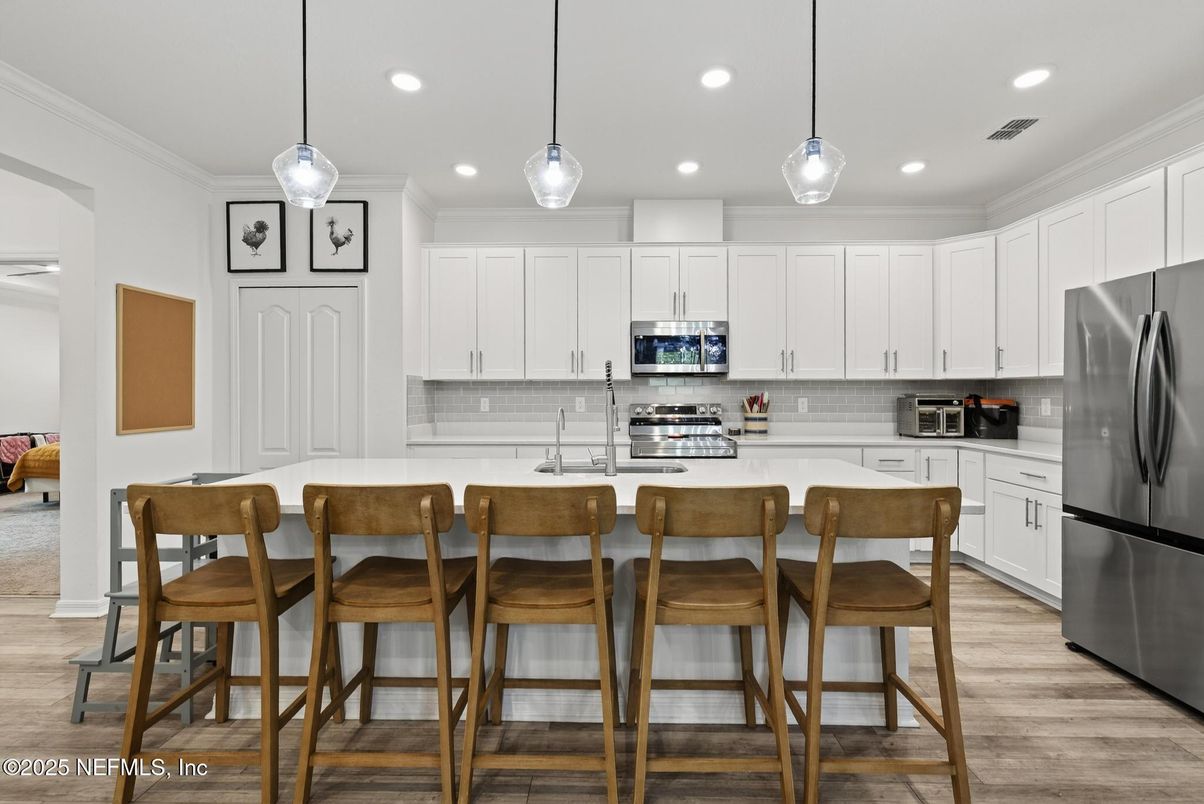 Interior, Kitchen, Pendant Lights, Recessed Lighting, Stainless Steel Appliances, Wood Texture Flooring