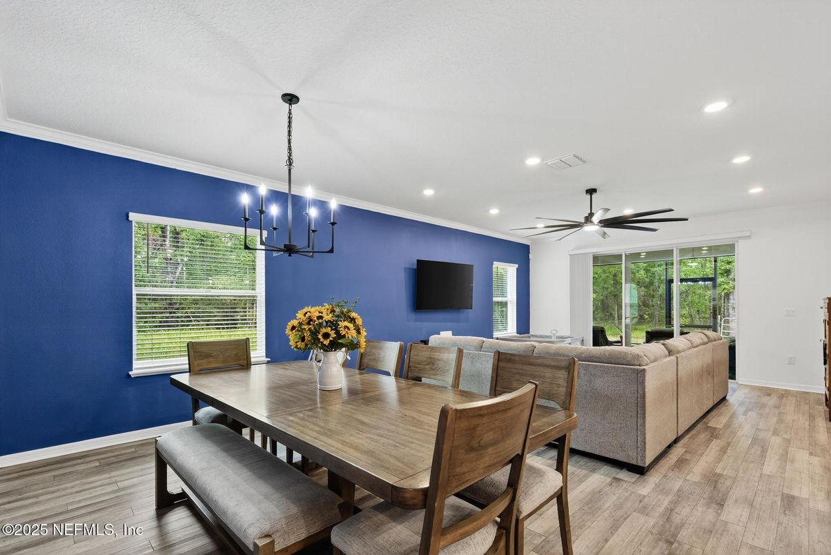 Dining room, Interior, Living room, Pendant Lights, Recessed Lighting, Wood Texture Flooring
