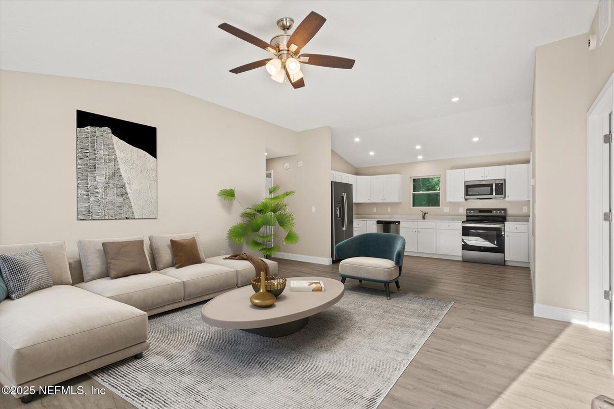 Interior, Kitchen, Living room, Recessed Lighting, Stainless Steel Appliances, Wood Texture Flooring