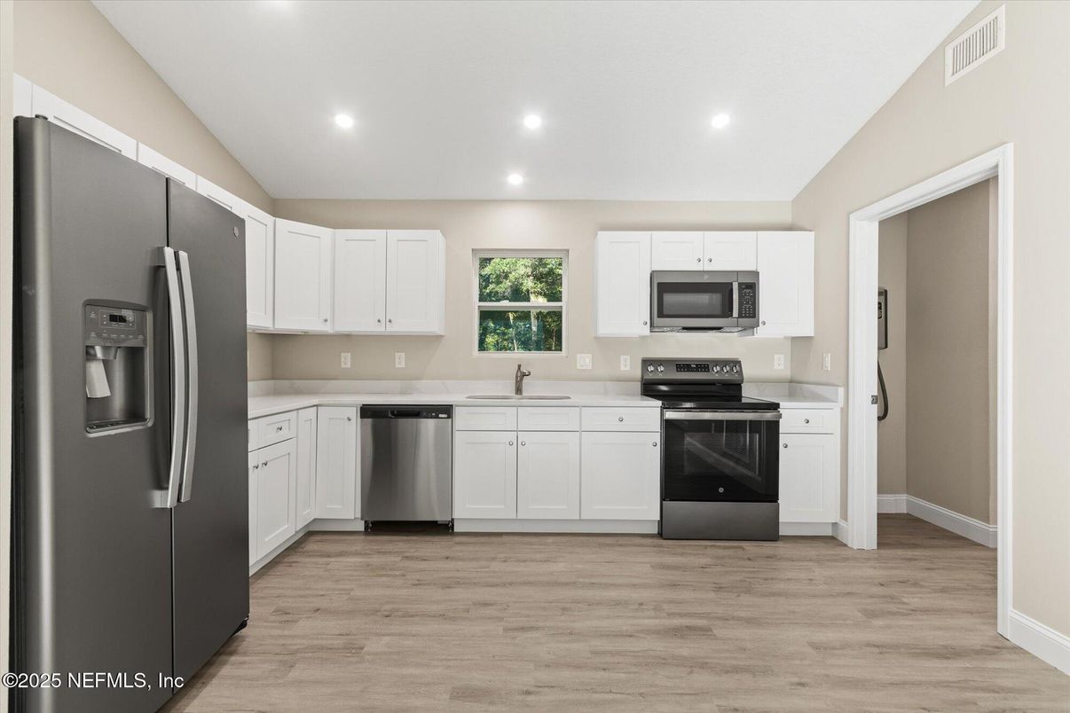 Interior, Kitchen, Recessed Lighting, Stainless Steel Appliances, Wood Texture Flooring