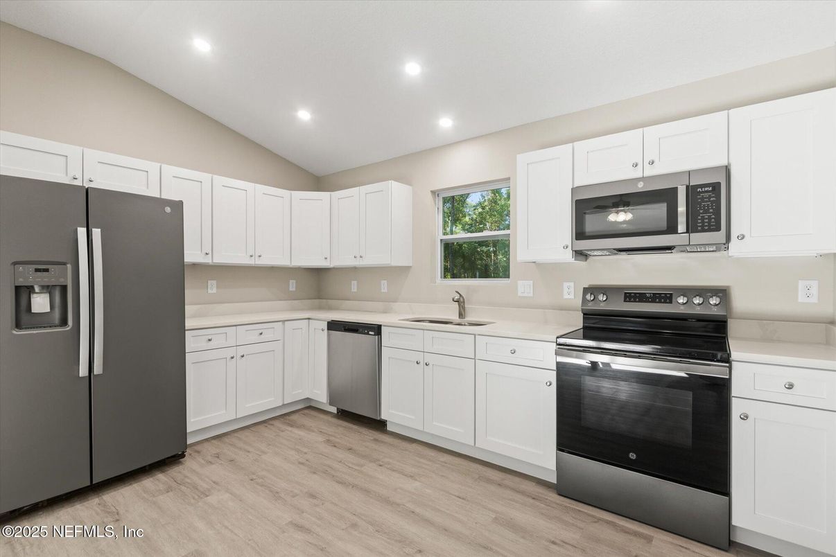 Interior, Kitchen, Recessed Lighting, Stainless Steel Appliances, Wood Texture Flooring