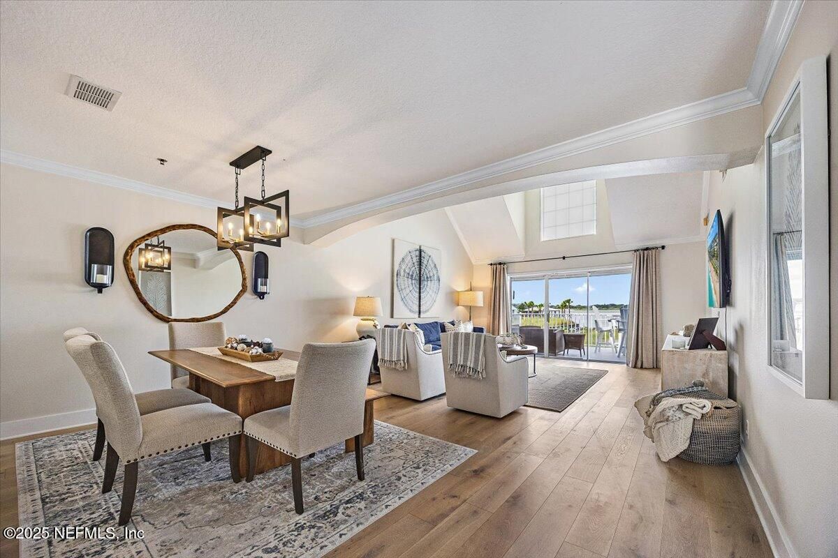 Dining room, Interior, Living room, Pendant Lights, Wood Texture Flooring