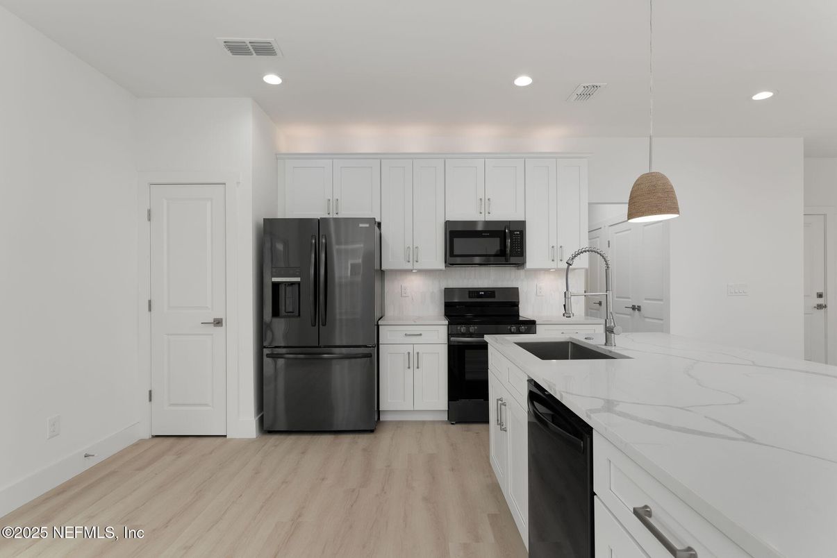 Interior, Kitchen, Pendant Lights, Recessed Lighting, Stainless Steel Appliances, Wood Texture Flooring