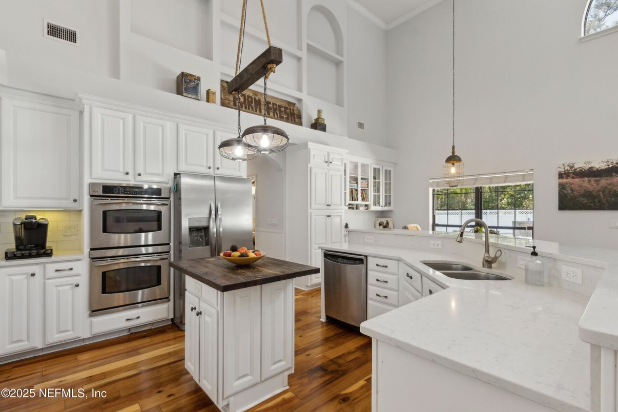 Interior, Kitchen, Pendant Lights, Stainless Steel Appliances, Wood Texture Flooring