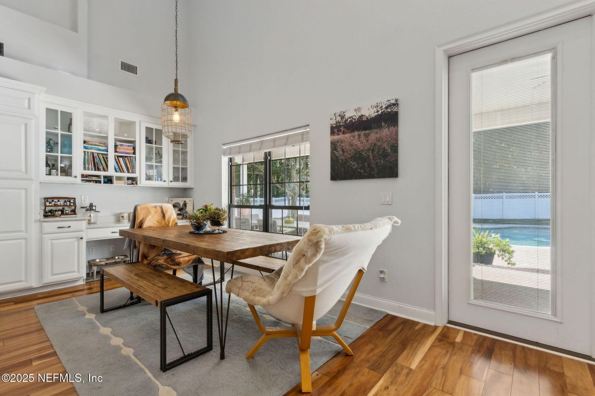 Dining room, Interior, Pendant Lights, Wood Texture Flooring