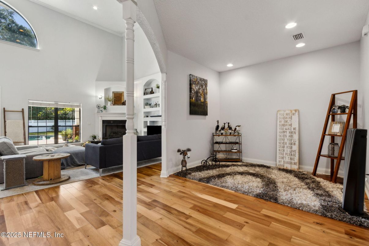 Fireplace, Interior, Living room, Recessed Lighting, Wood Texture Flooring