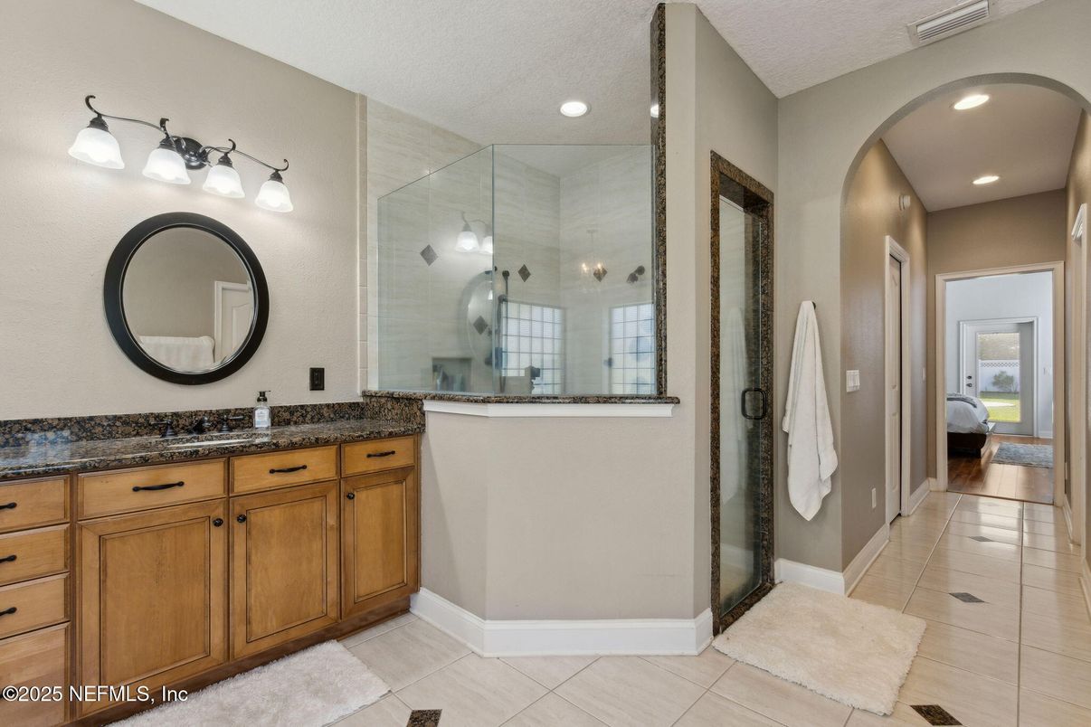 Bathroom, Dual Sink Vanities, Glass Shower, Interior, Recessed Lighting