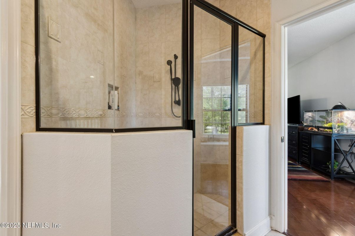 Bathroom, Glass Shower, Interior, Wood Texture Flooring