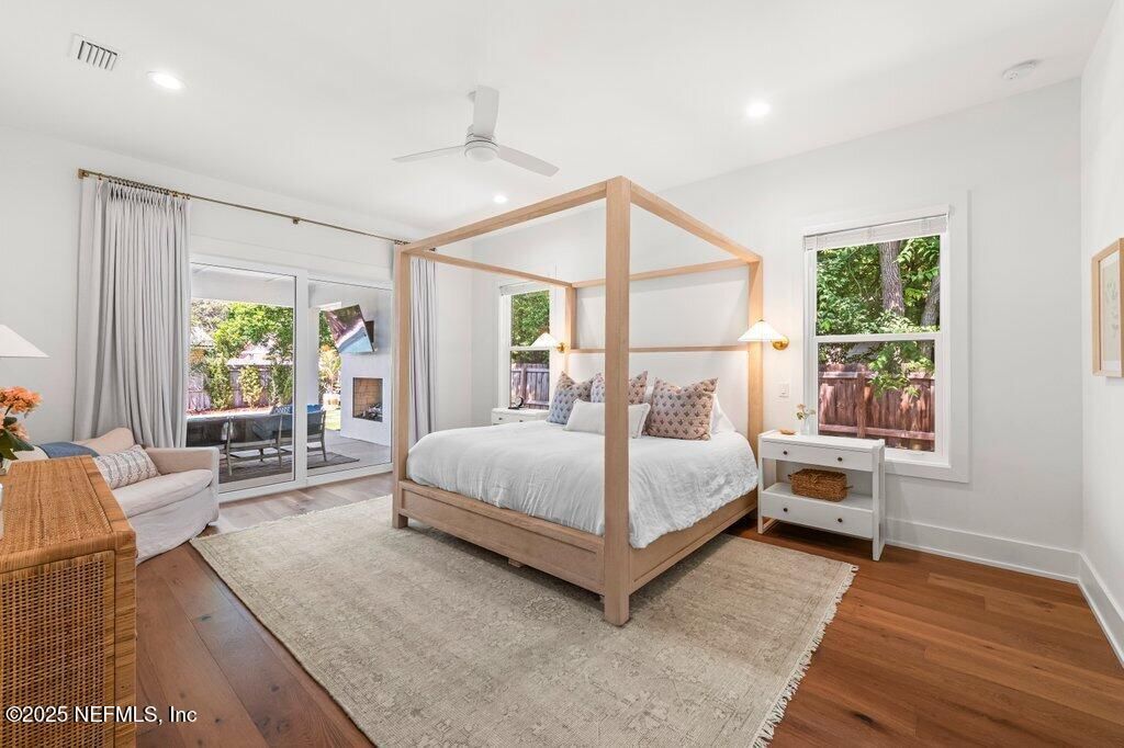 Bedroom, Fireplace, Interior, Recessed Lighting, Wood Texture Flooring