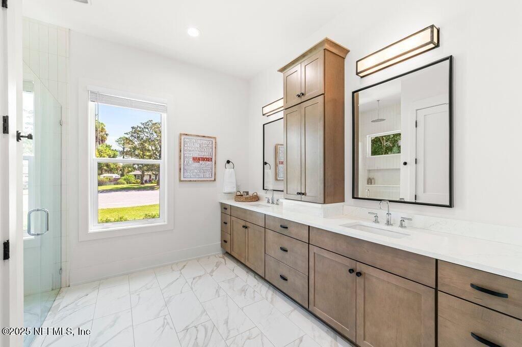 Bathroom, Dual Sink Vanities, Glass Shower, Interior, Marble, Recessed Lighting