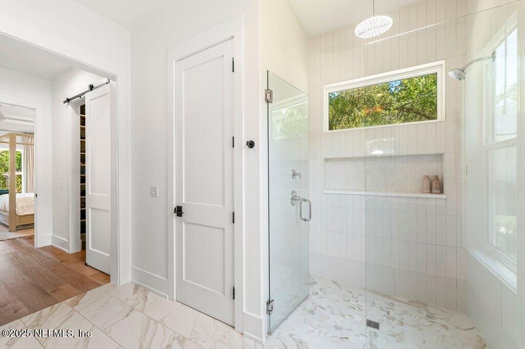 Bathroom, Glass Shower, Interior, Marble, Pendant Lights, Wood Texture Flooring