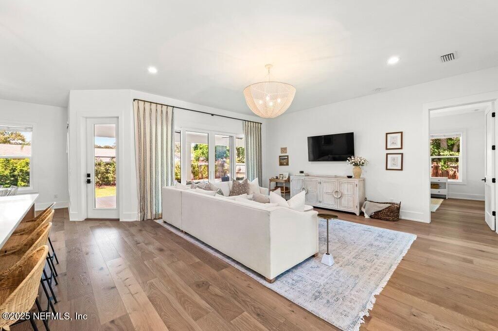 Chandelier, Interior, Living room, Recessed Lighting, Wood Texture Flooring