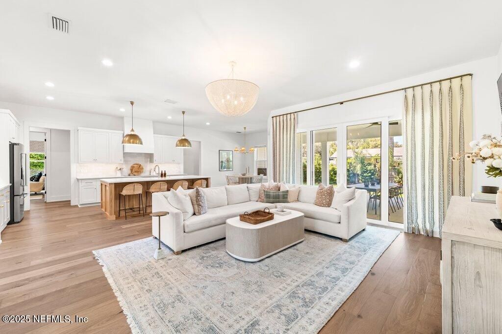 Interior, Kitchen, Living room, Pendant Lights, Recessed Lighting, Wood Texture Flooring