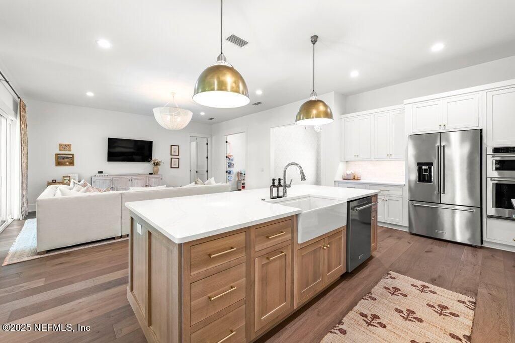 Interior, Kitchen, Living room, Pendant Lights, Recessed Lighting, Stainless Steel Appliances, Wood Texture Flooring