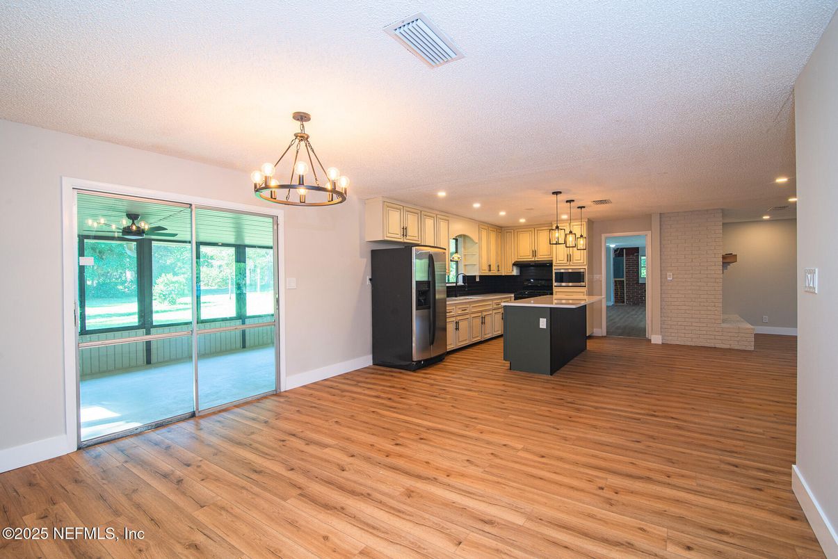 Chandelier, Interior, Kitchen, Pendant Lights, Recessed Lighting, Wood Texture Flooring