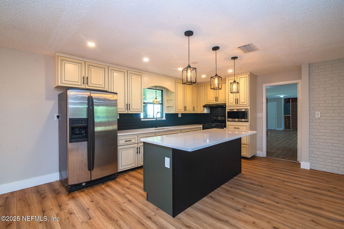 Interior, Kitchen, Pendant Lights, Recessed Lighting, Stainless Steel Appliances, Wood Texture Flooring