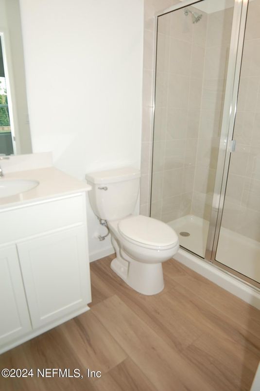 Bathroom, Glass Shower, Interior, Wood Texture Flooring