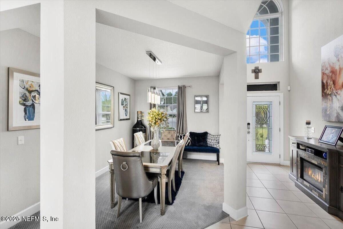 Dining room, Fireplace, Interior, Pendant Lights