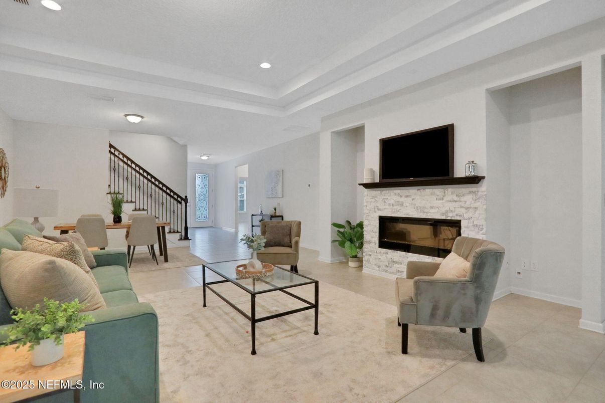 Dining room, Fireplace, Interior, Living room, Recessed Lighting