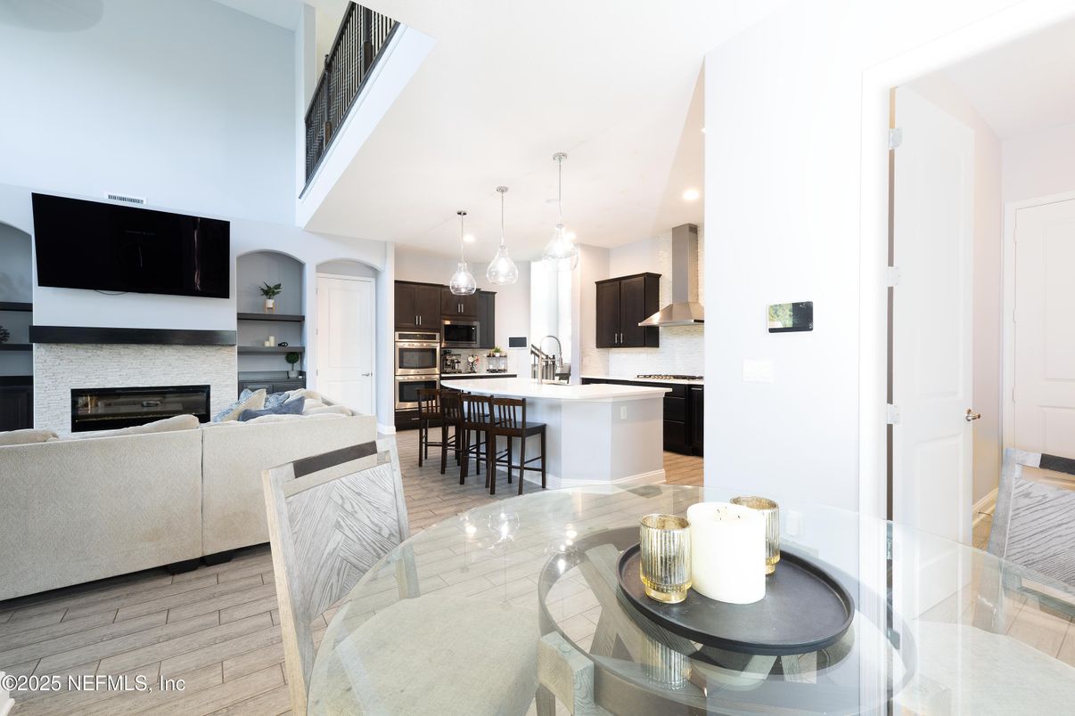 Dining room, Fireplace, Interior, Kitchen, Living room, Pendant Lights, Recessed Lighting, Wood Texture Flooring