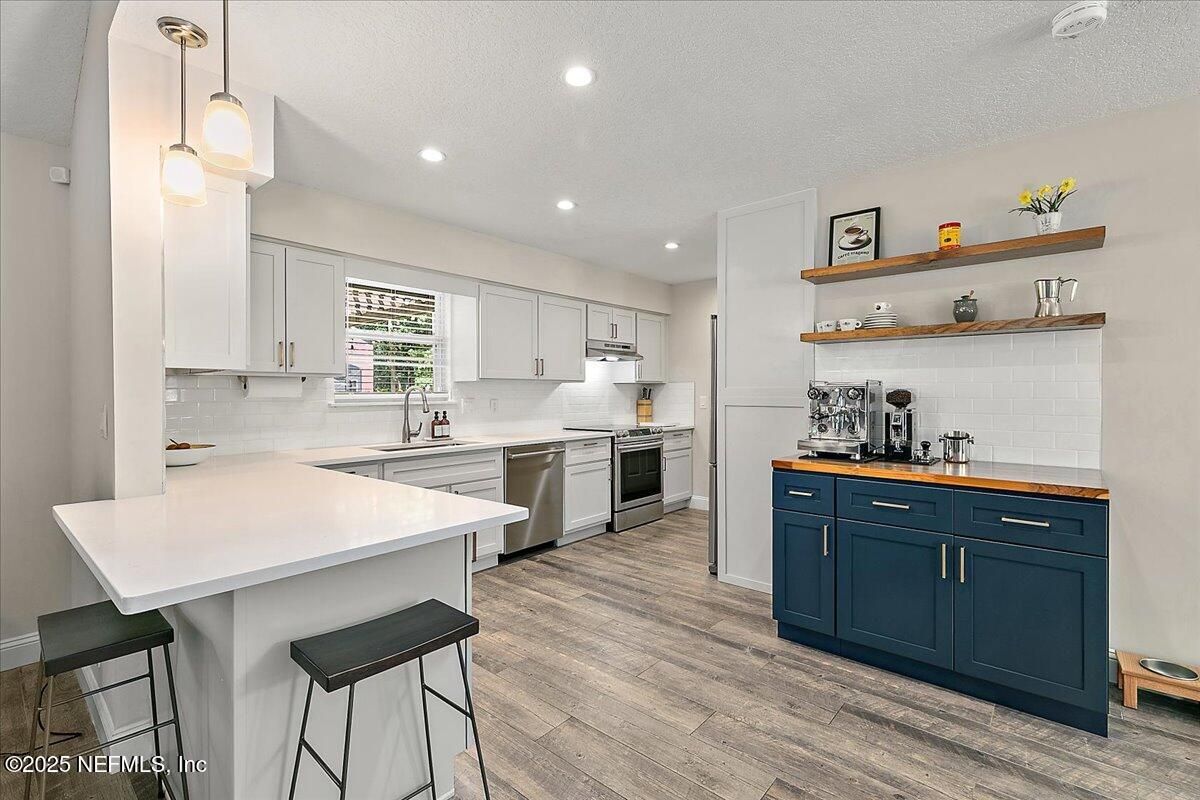 Interior, Kitchen, Pendant Lights, Recessed Lighting, Stainless Steel Appliances, Wood Texture Flooring