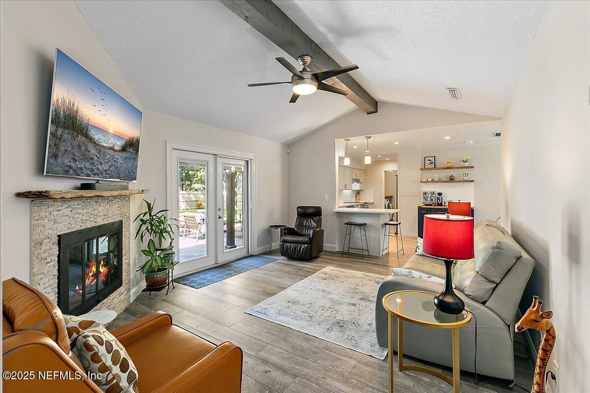 Fireplace, Interior, Kitchen, Living room, Pendant Lights, Recessed Lighting, Wood Texture Flooring