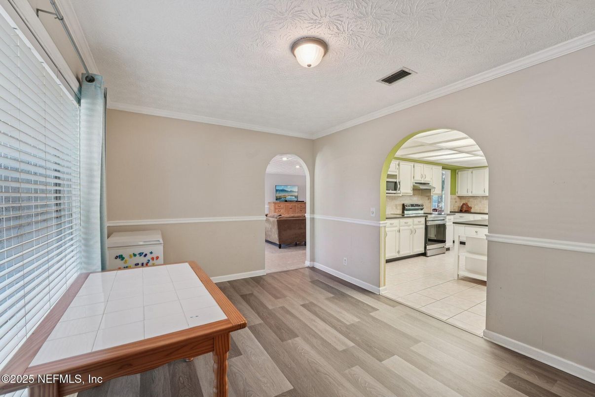 Interior, Kitchen, Tile Countertops, Wood Texture Flooring