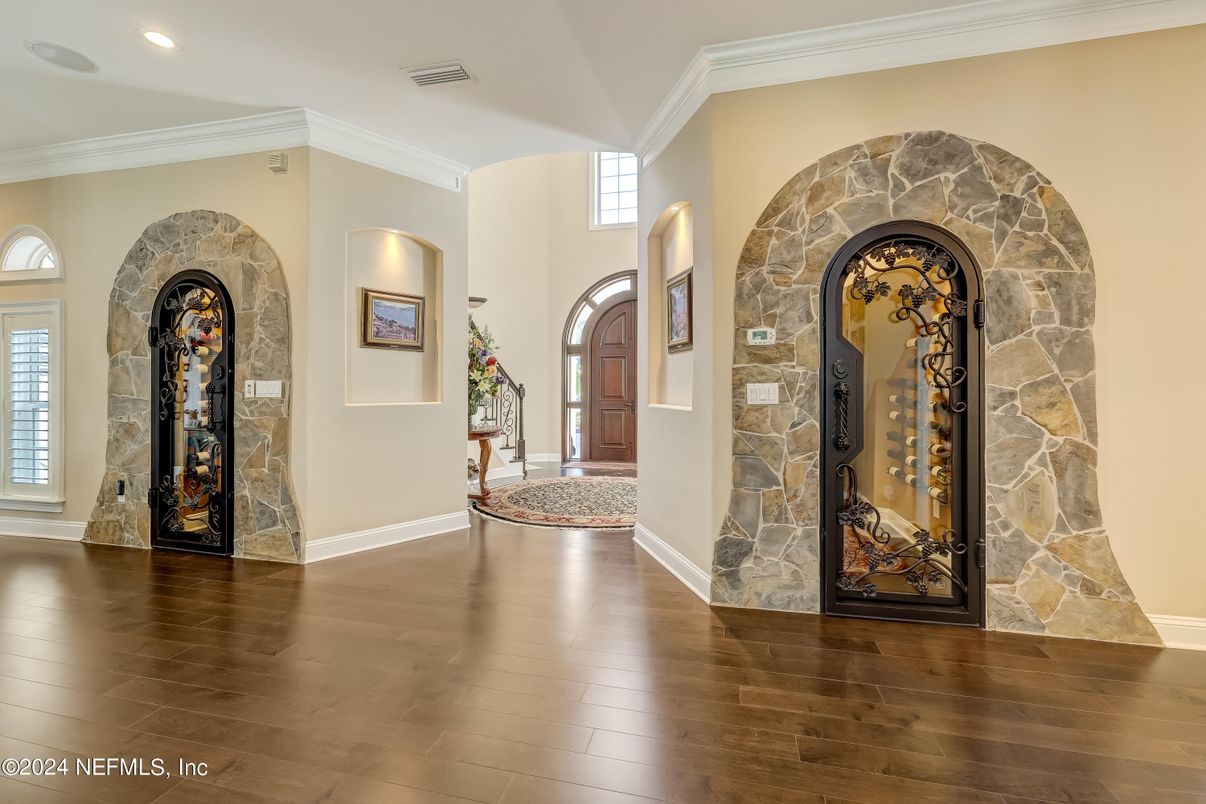 Interior, Recessed Lighting, Stone Walls, Wood Texture Flooring
