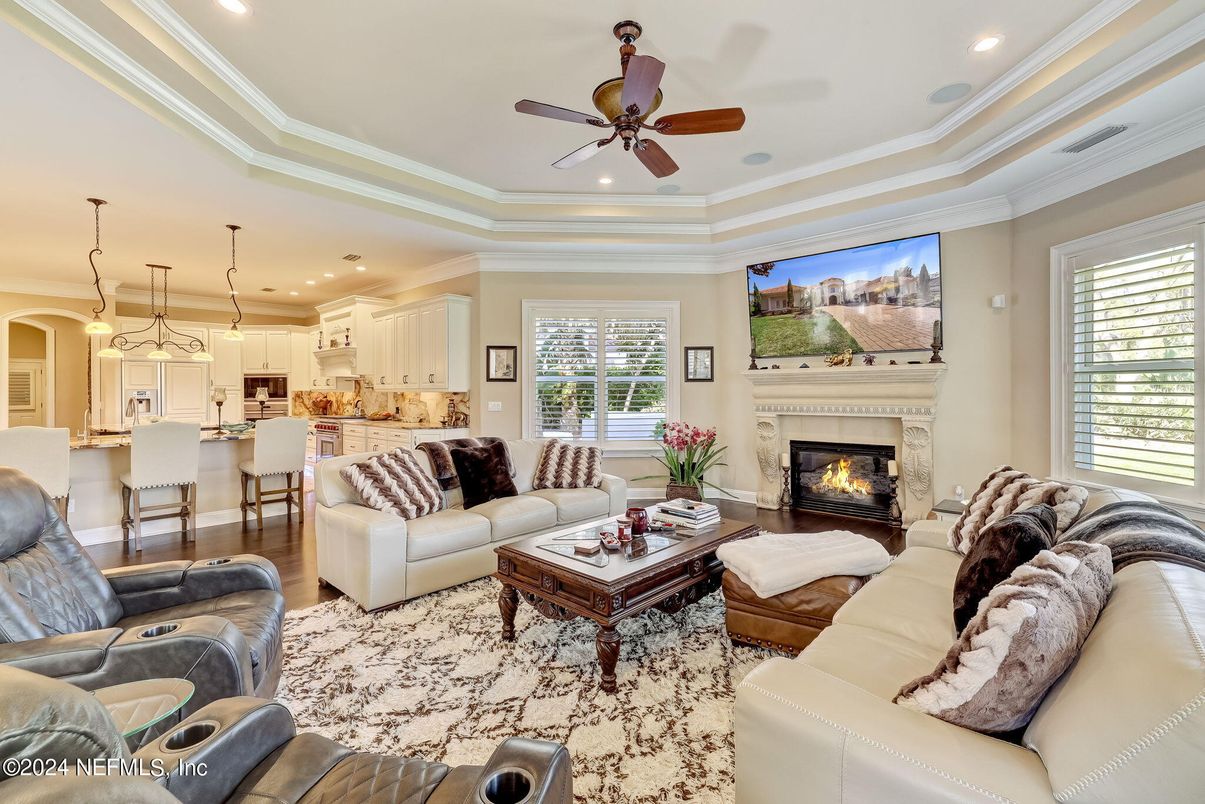 Fireplace, Interior, Kitchen, Living room, Pendant Lights, Recessed Lighting, Wood Texture Flooring