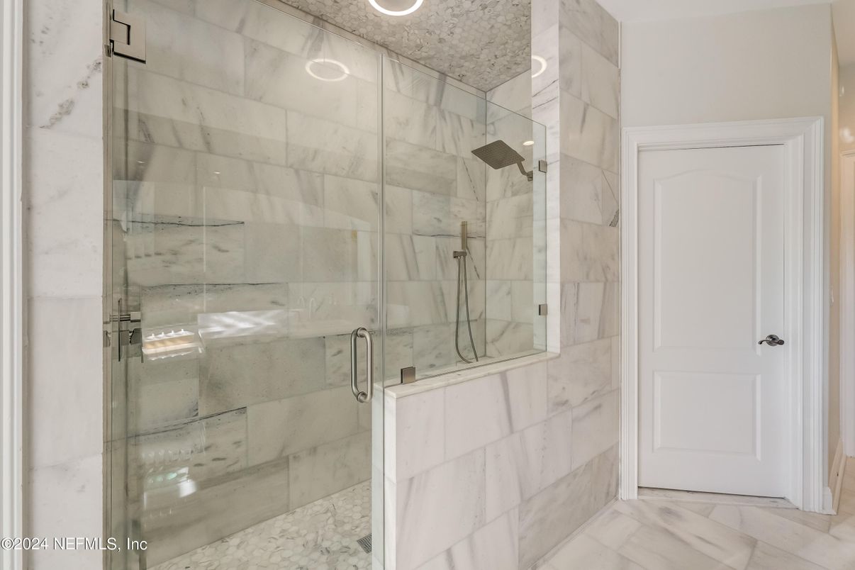 Bathroom, Glass Shower, Interior, Marble, Marble Walls, Recessed Lighting