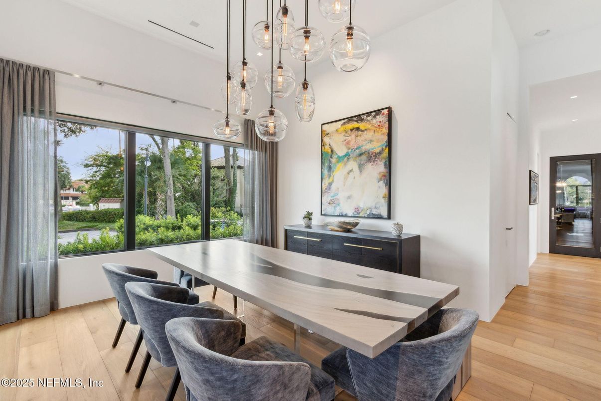 Dining room, Interior, Pendant Lights, Recessed Lighting, Wood Texture Flooring